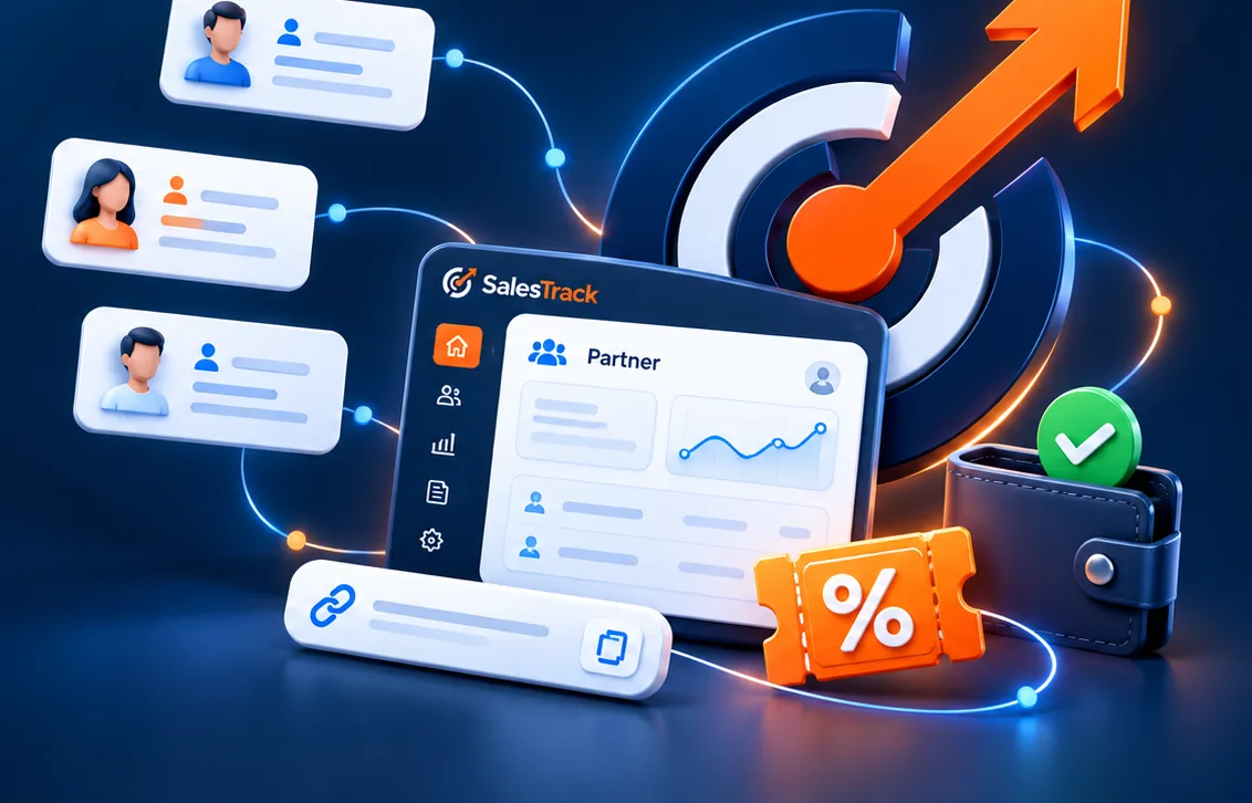 Ilustrasi portal partner SalesTrack dengan link referral, kupon diskon, dan dompet komisi
